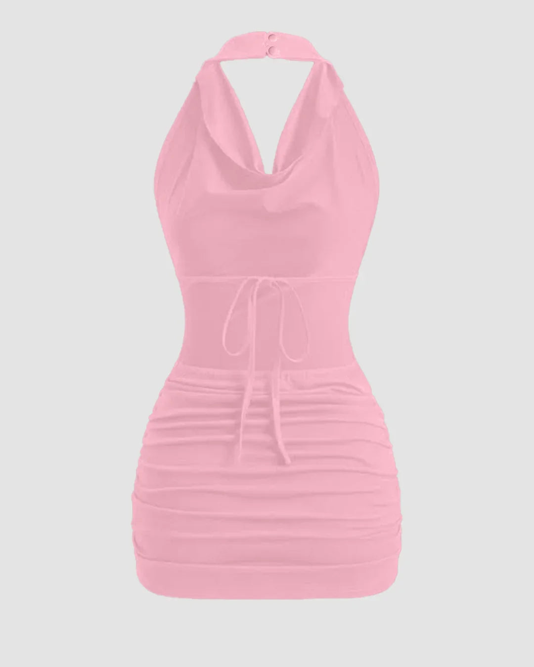 Cowl Neck Backless Tie Strap Sleeveless Sexy Bodycon Mini Dress in Rose Pink