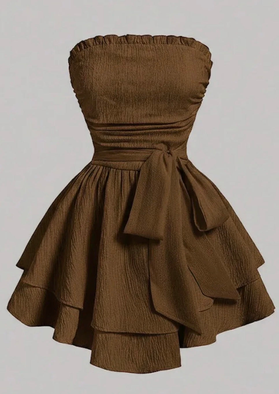 Solid Color Strapless Dress With Waist Belt in Brown