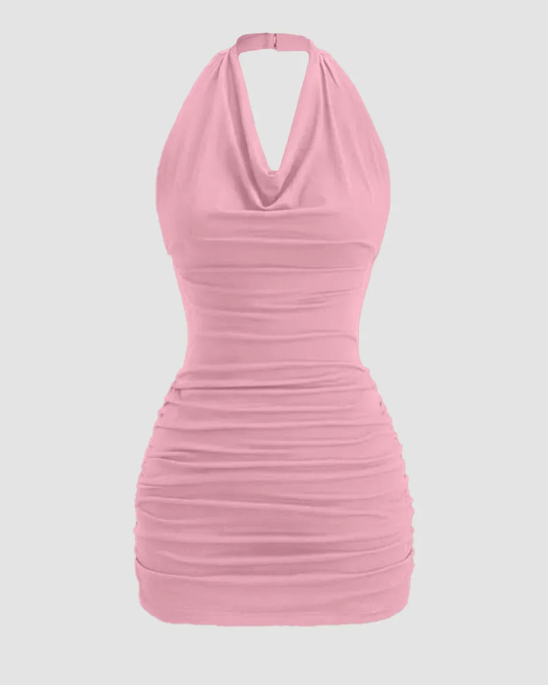 Cowl Neck Backless Tie Strap Sleeveless Sexy Bodycon Mini Dress in Rose Pink