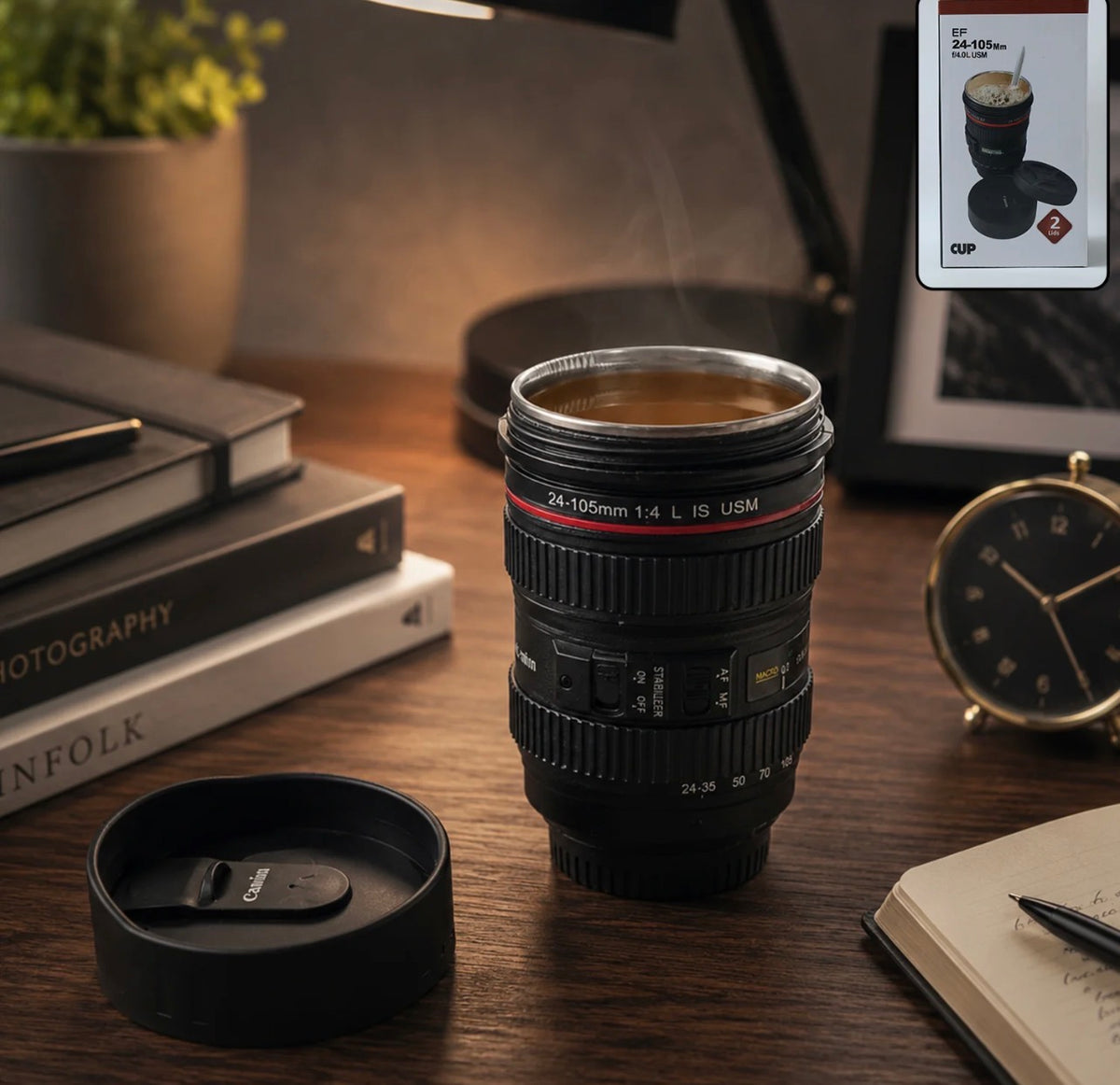 Camera Lens Coffee Mug – 350ml Travel Flask for Photographers