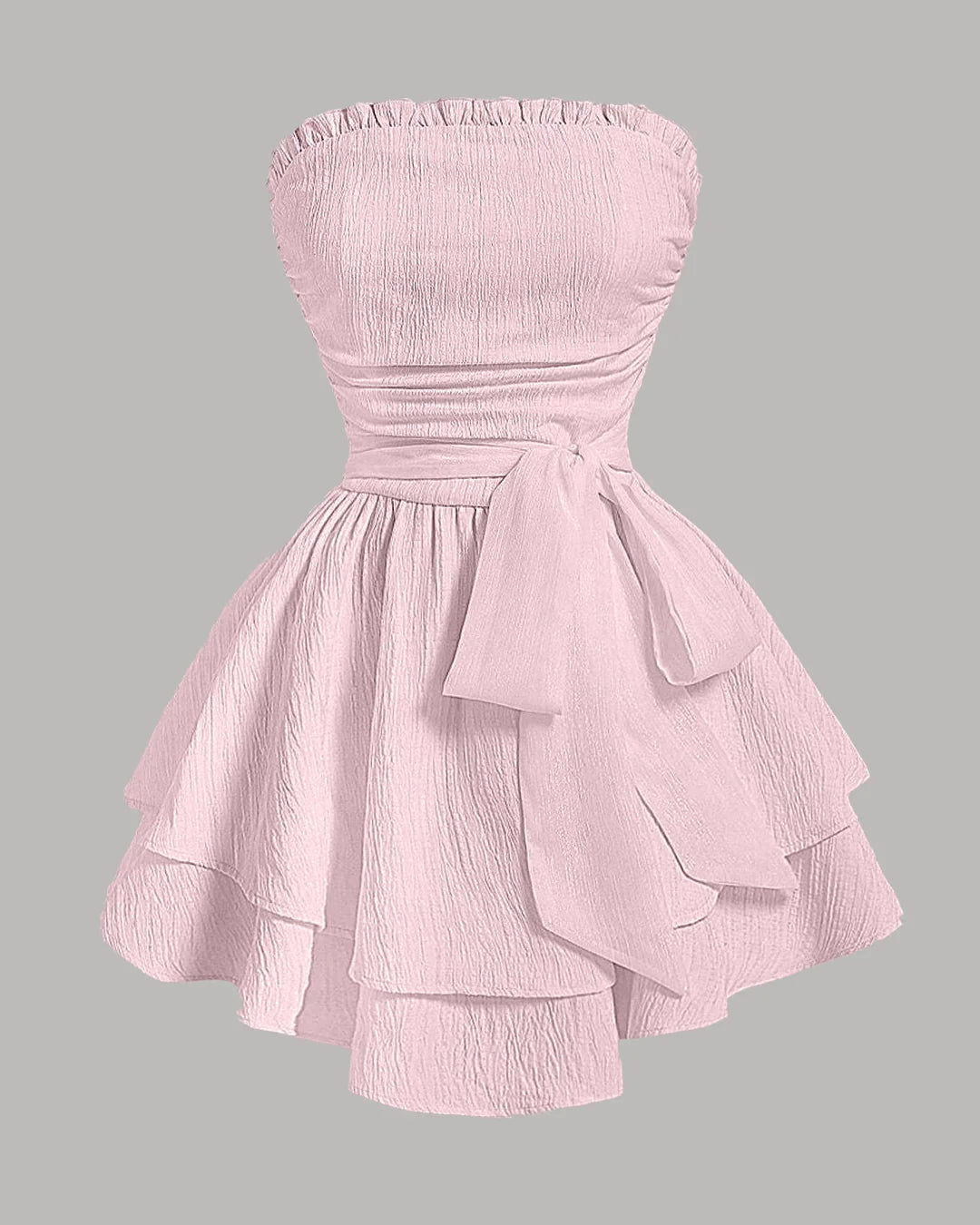 Solid Color Strapless Dress With Waist Belt in Brown