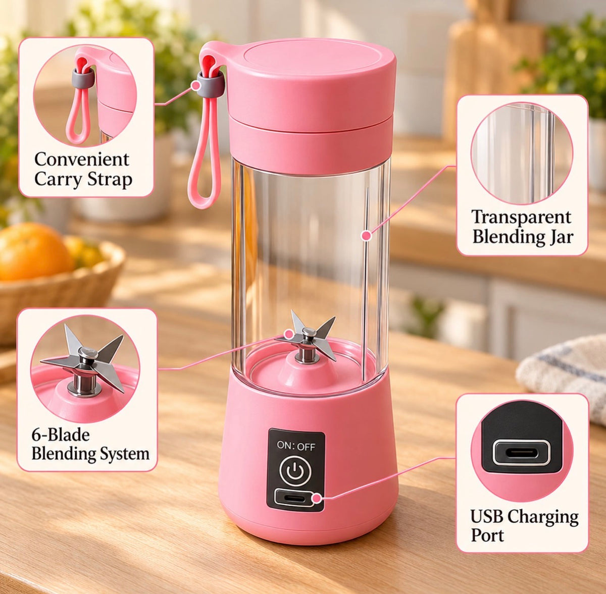 Portable USB Electric Juicer – 6-Blade Blender & Shaker