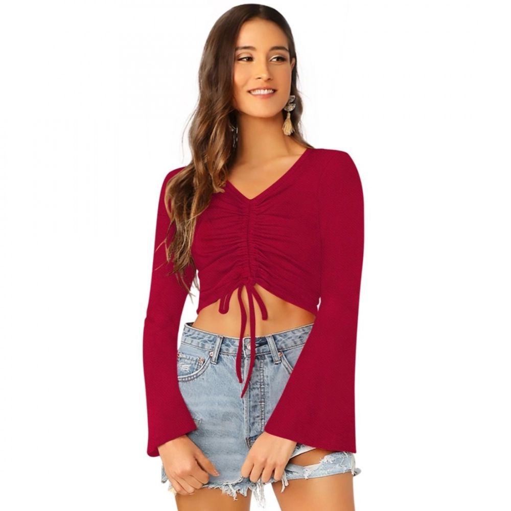 Maroon Ruched Drawstring Bell-Sleeve Crop Top