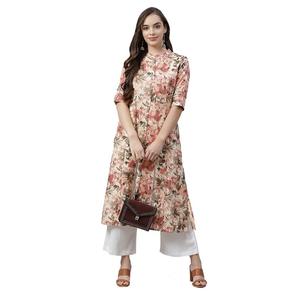 Cream Floral Print Cotton A-Line Kurta
