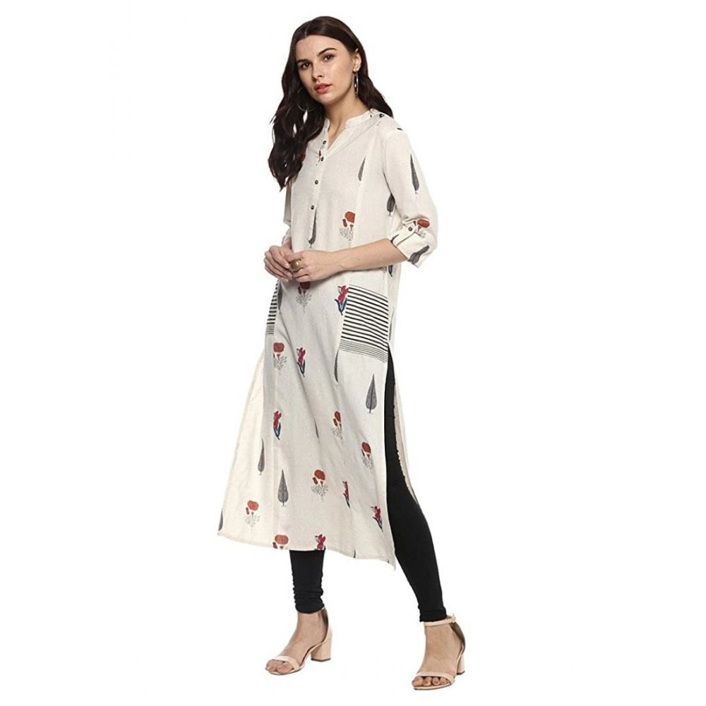 Off-White Khadi Printed A-Line Kurta with Striped Detail