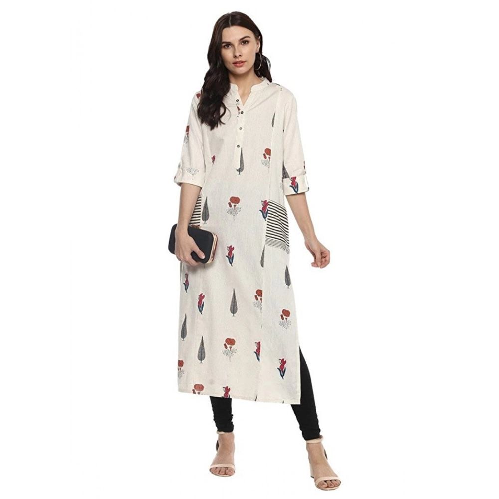 Off-White Khadi Printed A-Line Kurta with Striped Detail