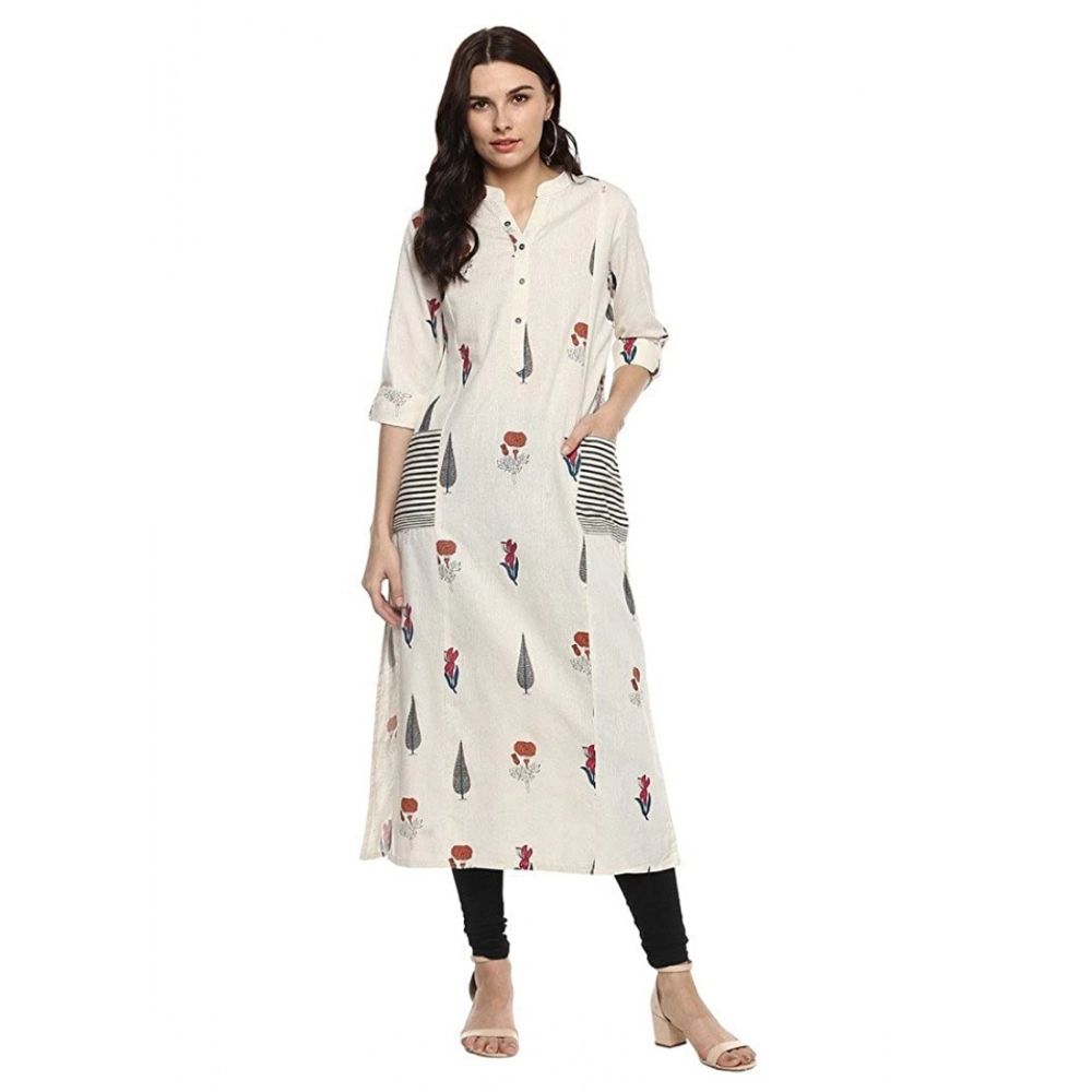 Off-White Khadi Printed A-Line Kurta with Striped Detail